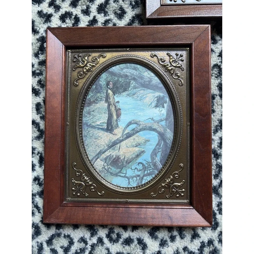 Set‎ 3 VTG Style Framed Prints Southwestern Girls Wood Brass Frame 9.75x7.75